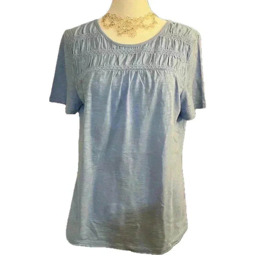 Talbots Smocked Tee Short Sleeve Powder Blue Size Small
